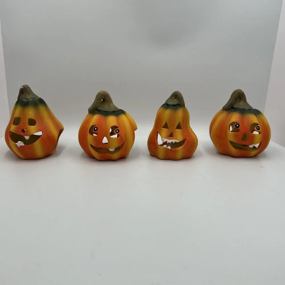 2000s Vintage Halloween Jack O Lantern Pumpkin Candle Holders Set of 4 Ceramic